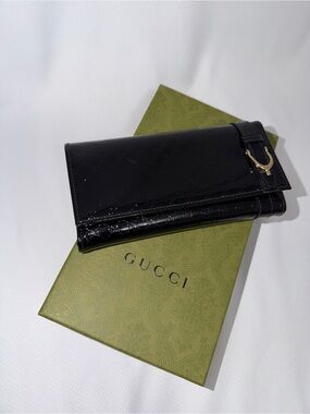 Gucci Black Patent Leather Long Wallet with Gold Accent